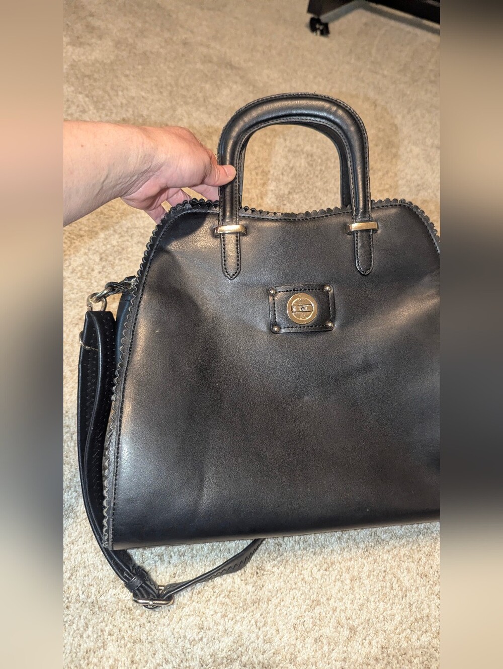 Black Leather Women's Satchel with Turn-Lock Accent